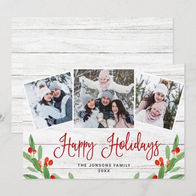Christmas Rustic White Wood 3 PHOTO Greeting Holiday Card (Front/Back)