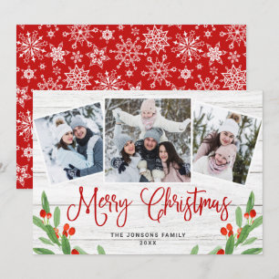 Christmas Rustic White Wood 3 PHOTO Greeting Holiday Card