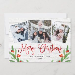 Christmas Rustic White Wood 3 PHOTO Greeting Holiday Card