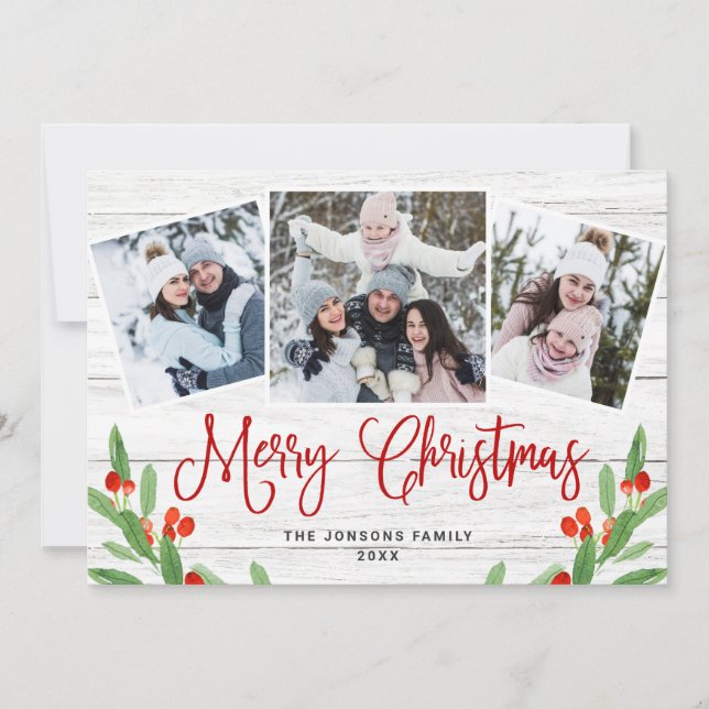 Christmas Rustic White Wood 3 PHOTO Greeting Holiday Card (Front)