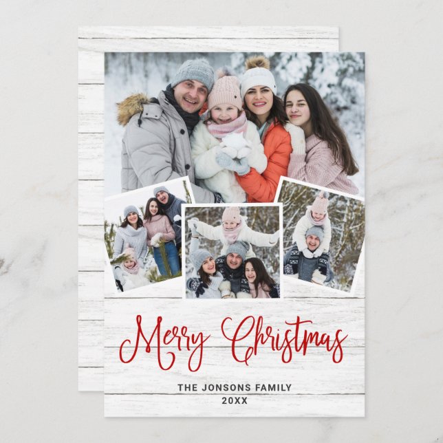 Christmas Rustic White Wood 4 PHOTO Greeting Holiday Card (Front/Back)
