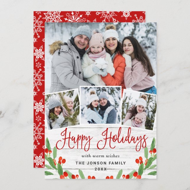 Christmas Rustic White Wood 4 PHOTO Greeting Holiday Card (Front/Back)