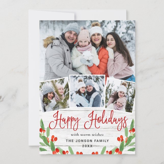 Christmas Rustic White Wood 4 PHOTO Greeting Holiday Card (Front)