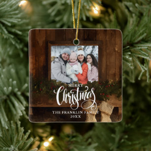 Christmas Rustic Winter Fireplace Photo Ceramic Ornament