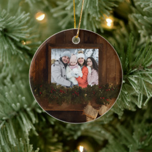 Christmas Rustic Winter Fireplace Photo Ceramic Tree Decoration