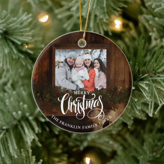 Christmas Rustic Winter Fireplace Photo Ceramic Tree Decoration (Tree)