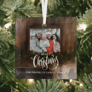 Christmas Rustic Winter Fireplace Photo Glass Tree Decoration