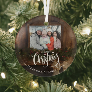 Christmas Rustic Winter Fireplace Photo Glass Tree Decoration