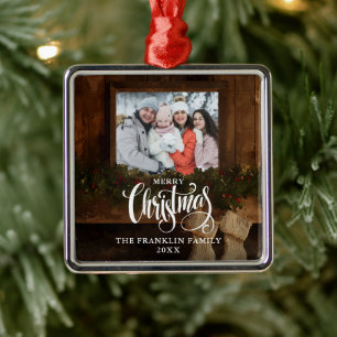 Christmas Rustic Winter Fireplace Photo Metal Tree Decoration
