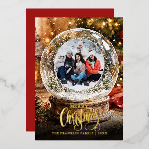 Christmas Rustic Winter Snow Globe Photo Foil Holiday Card