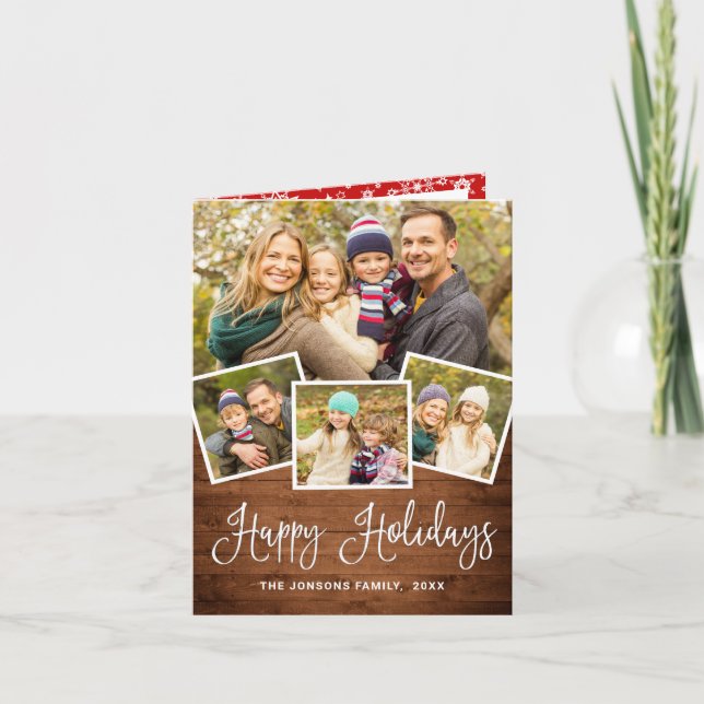 Christmas Rustic Wood 4 PHOTO Greeting Holiday Card (Front)