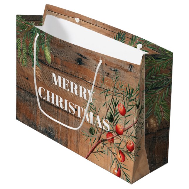Christmas Rustic Wood Joy Merry Christmas  Large Gift Bag (Front Angled)