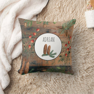 Christmas Rustic Wood Merry Christmas Custom Name Cushion