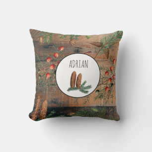 Christmas Rustic Wood Merry Christmas Custom Name Cushion