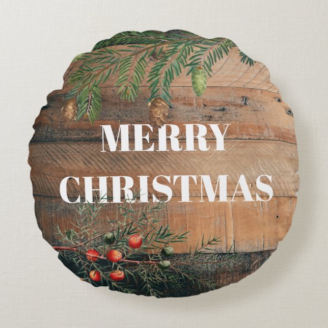 Christmas Rustic Wood Merry Christmas Round Cushion (Front)