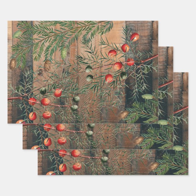 Christmas Rustic Wood Merry Christmas  Wrapping Paper Sheet (Set)