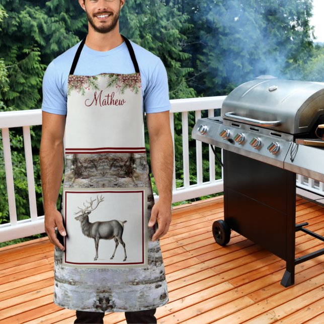  Christmas Rustic Wood Reindeer Vintage Monogram  Apron (Creator Uploaded)