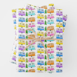 Christmas RVs Trees Retro Vintage Trailers Campers Wrapping Paper Sheet