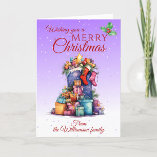 Christmas Sack And Gifts Family Purple Holiday Card