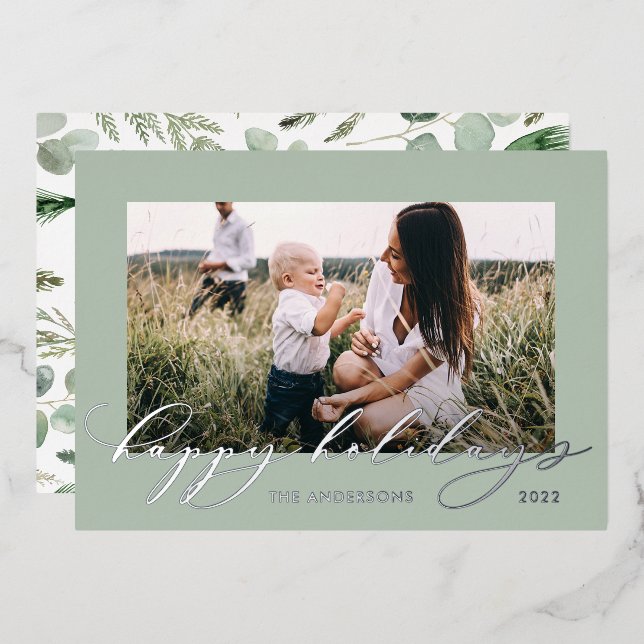 Christmas sage green 1 photo botanical script  foil holiday card (Front/Back)