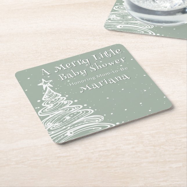 Christmas Sage Green Boy Baby Shower Square Paper Coaster (Angled)