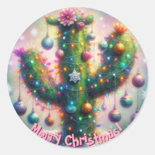 Christmas Saguaro Cactus Whimsical Snowflakes Classic Round Sticker