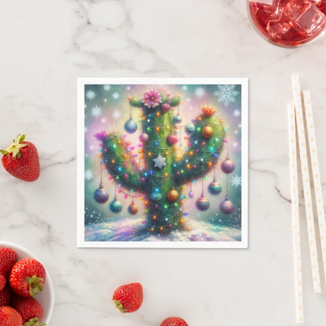 Christmas Saguaro Cactus Whimsical Snowflakes  Napkin (Insitu)