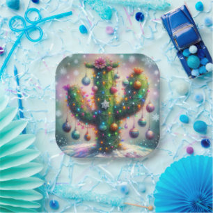 Christmas Saguaro Cactus Whimsical Snowflakes  Paper Plate
