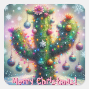 Christmas Saguaro Cactus Whimsical Snowflakes Square Sticker
