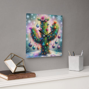 Christmas Saguaro Cactus Whimsical Snowflakes Square Wall Clock