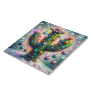 Christmas Saguaro Cactus Whimsical Snowflakes Tile