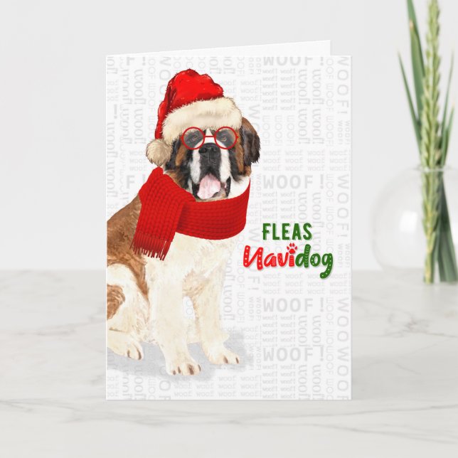 Christmas Saint Bernard Dog Fleas NaviDOG Holiday Card (Front)