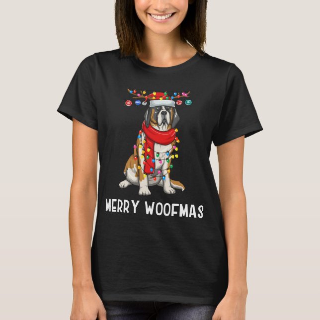 Christmas Saint Bernard Dog Holiday Lights Merry W T-Shirt (Front)