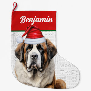 Christmas Saint Bernard Dog with Name Woof Large Christmas Stocking