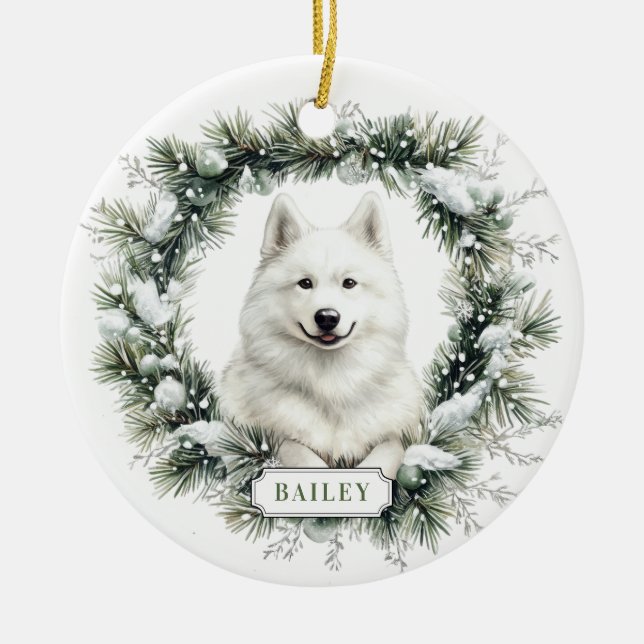 Christmas Samoyed Dog Ceramic Circle Ornament (Front)