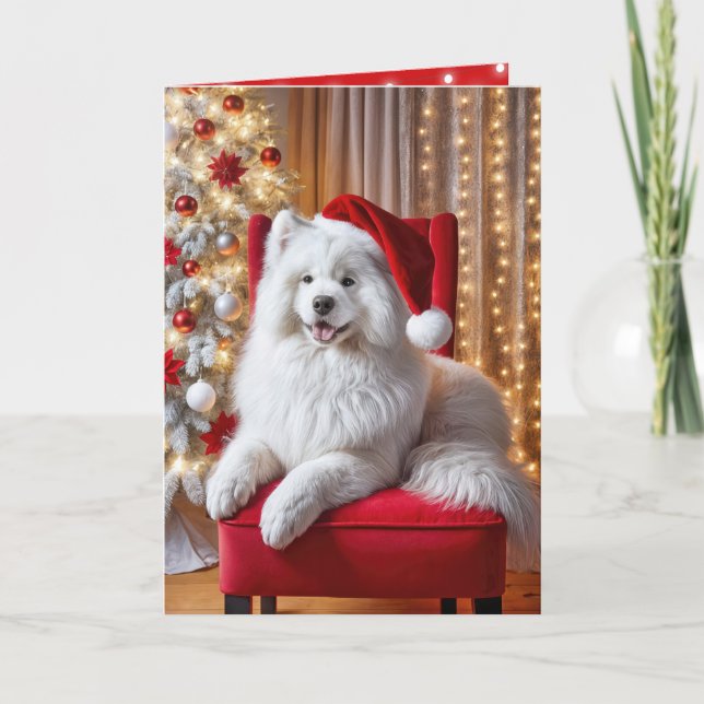 Christmas Samoyed Dog On a Red Chair Holiday Card (Front)