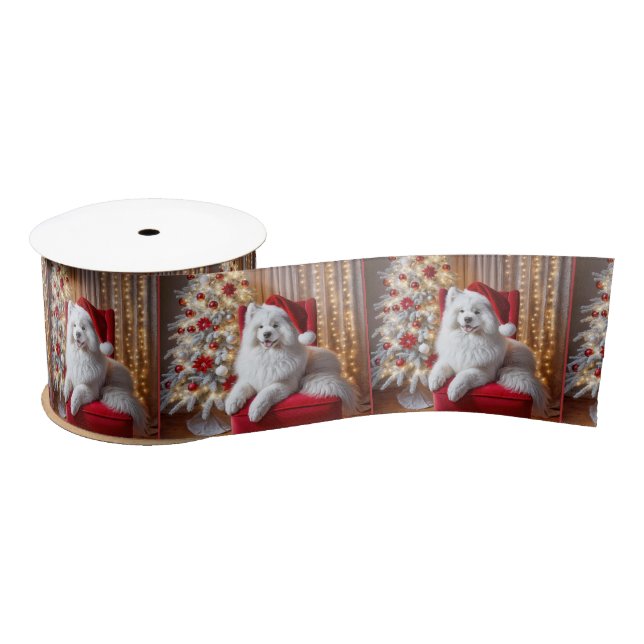 Christmas Samoyed Dog On a Red Chair Satin Ribbon (Spool)