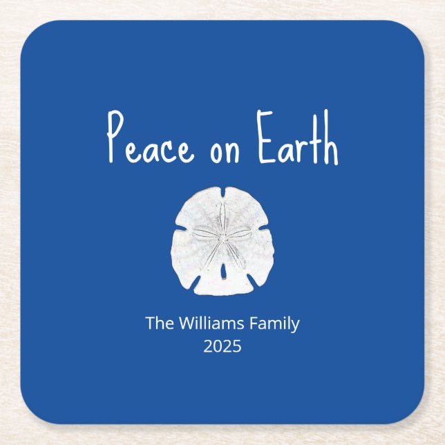 Christmas Sand Dollar Peace on Earth Blue Square Paper Coaster (Front)