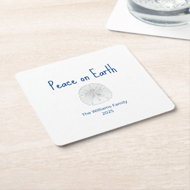 Christmas Sand Dollar Peace on Earth Square Paper Coaster (Angled)