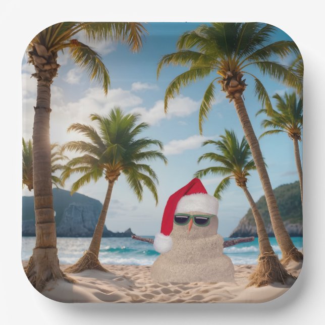 Christmas Sand Man On a Beach Paper Plate (Front)