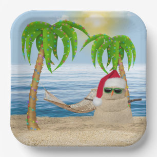 Christmas Sandman On Tropical Beach Paper Plate