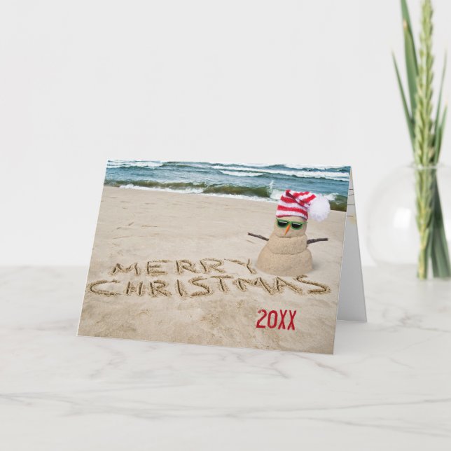 Christmas sandy snowman on beach holiday card (Front)