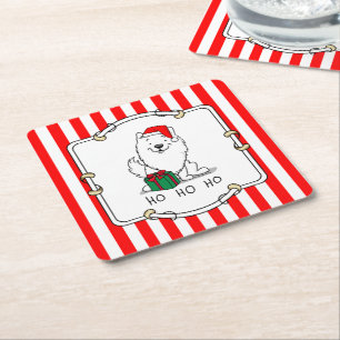 Christmas Santa American Eskimo Dog HO HO HO Cute Square Paper Coaster