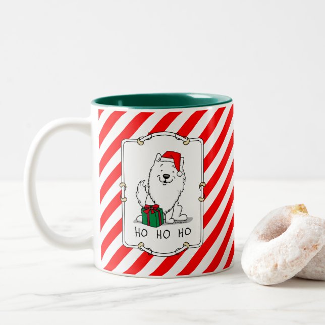 Christmas Santa American Eskimo Dog HO HO HO Cute Two-Tone Coffee Mug (With Donut)