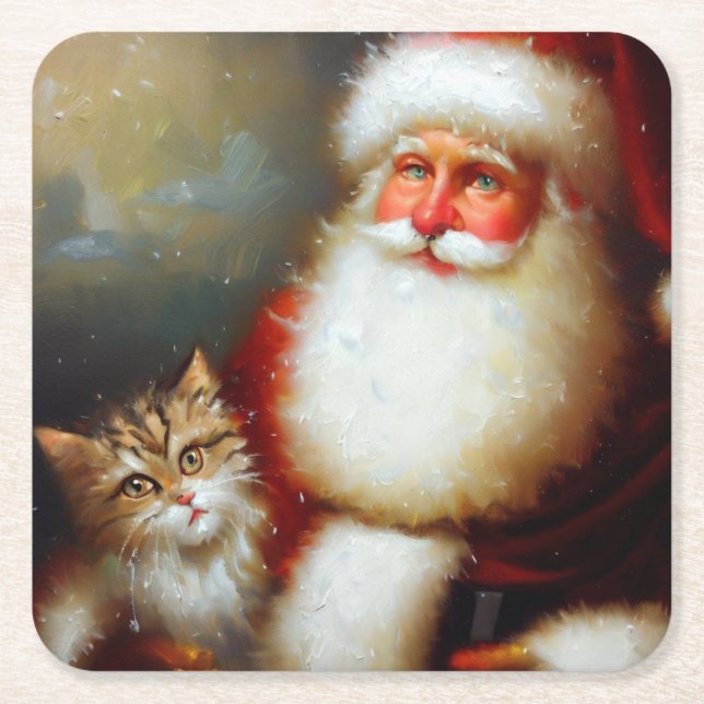 Christmas Santa and a Cat 2 Square Paper Coaster (Front)