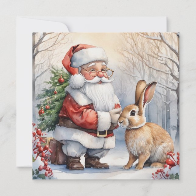 Christmas Santa and Bunny Nature Illustration  Holiday Card (Front)