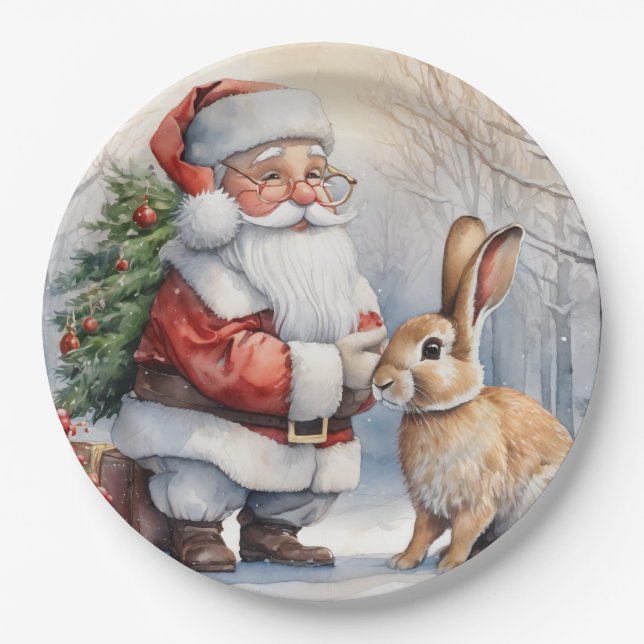 Christmas Santa and Bunny Nature Illustration  Paper Plate (Front)