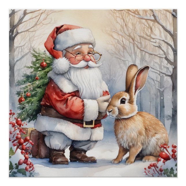 Christmas Santa and Bunny Nature Illustration  Poster (Front)