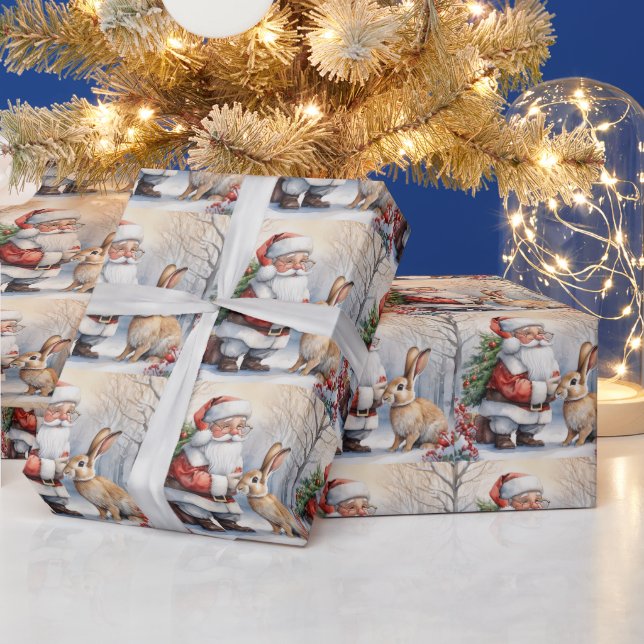 Christmas Santa and Bunny Nature Illustration  Wrapping Paper (Holidays)