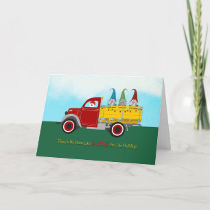 Christmas Santa and Gnomes in Red and Yellow Car Holiday Card